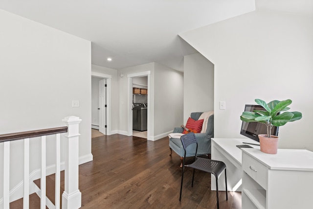 66 Old Dynamite Way, Gorham, ME 04038 - sitting room with dark wood-type flooring, recessed lighting, baseboards, and an upstairs landing