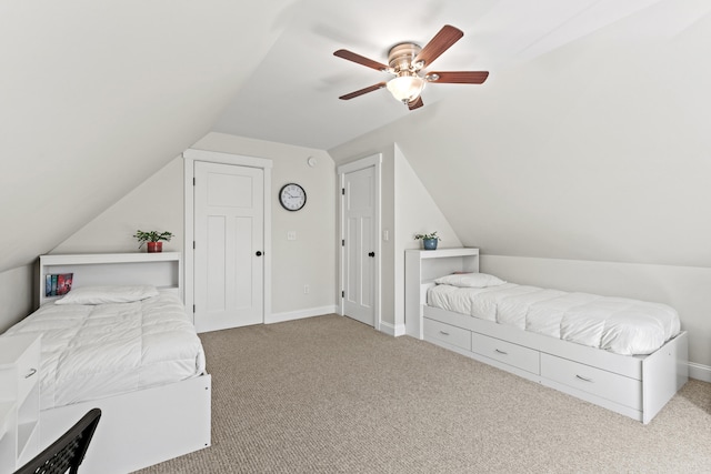 66 Old Dynamite Way, Gorham, ME 04038 - bedroom featuring carpet, lofted ceiling, ceiling fan, and baseboards
