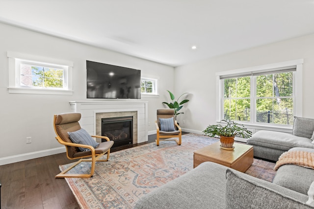 66 Old Dynamite Way, Gorham, ME 04038 - living area featuring baseboards, wood finished floors, and a tile fireplace
