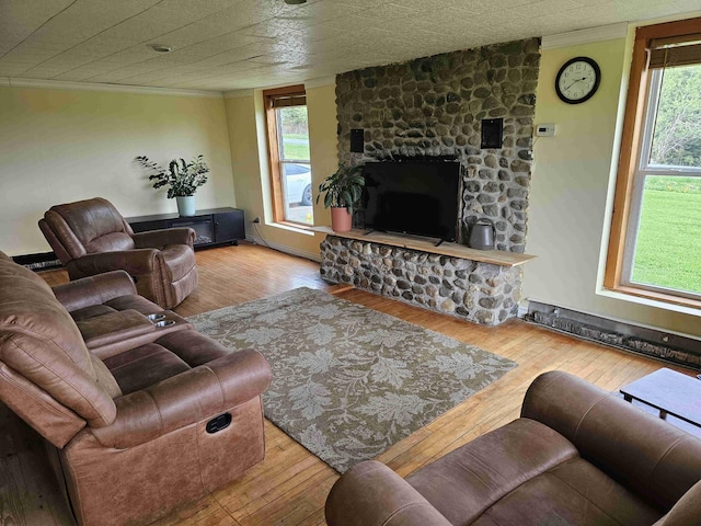 393 Main St, Limestone, ME 04750 - living area featuring ornamental molding, hardwood / wood-style flooring, and a stone fireplace