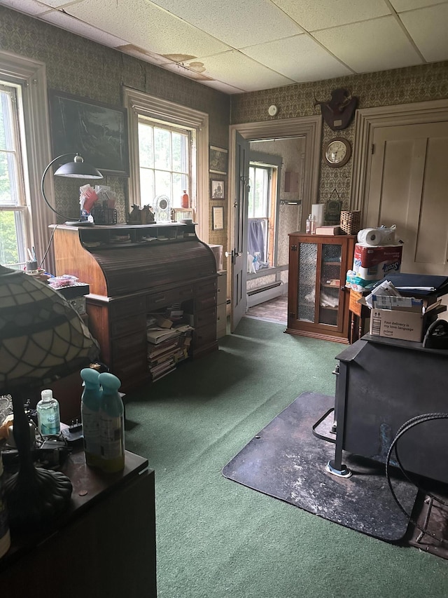 210 Ferguson Rd, Shapleigh, ME 04076 - bedroom with carpet, wallpapered walls, and a baseboard heating unit