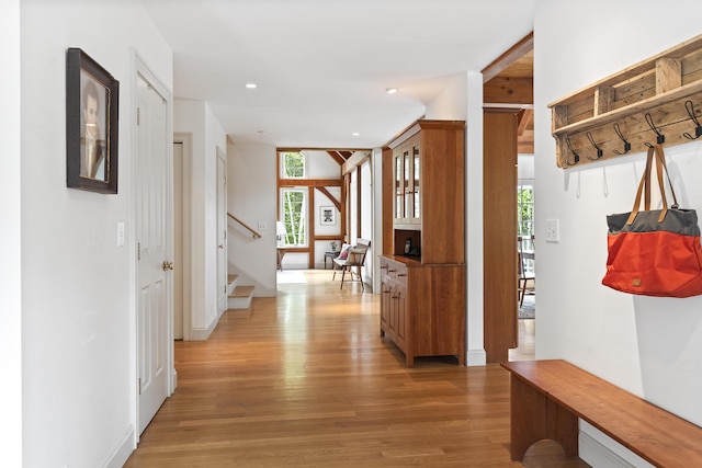 49 Moose Walk Rd, Westport Island, ME 04578 - hallway with light wood-type flooring, stairs, plenty of natural light, and recessed lighting