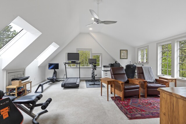 49 Moose Walk Rd, Westport Island, ME 04578 - workout room with carpet floors, a skylight, lofted ceiling, and a ceiling fan