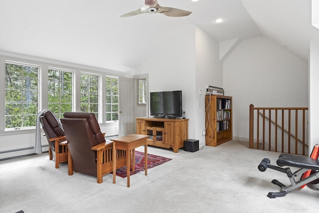 49 Moose Walk Rd, Westport Island, ME 04578 - living room featuring vaulted ceiling, healthy amount of natural light, carpet flooring, and a ceiling fan