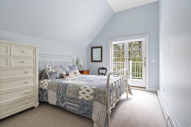 49 Moose Walk Rd, Westport Island, ME 04578 - carpeted bedroom featuring access to outside, vaulted ceiling, and baseboard heating