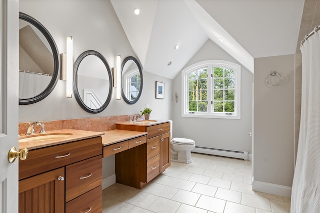 49 Moose Walk Rd, Westport Island, ME 04578 - full bath featuring a baseboard heating unit, double vanity, toilet, vaulted ceiling, and a shower with curtain
