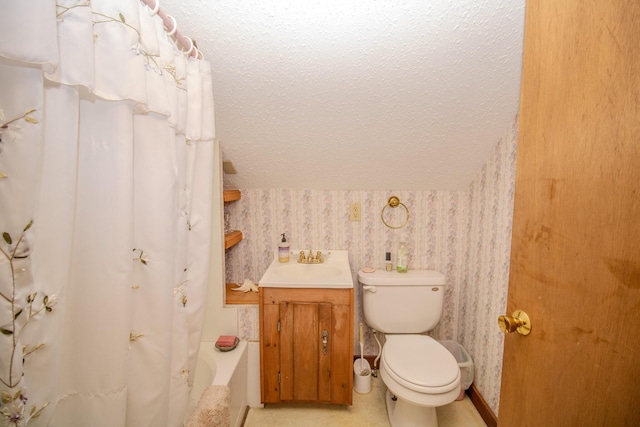 189 Stetson Rd E, Levant, ME 04456 - full bathroom with wallpapered walls, toilet, a textured ceiling, shower / bath combination with curtain, and vanity