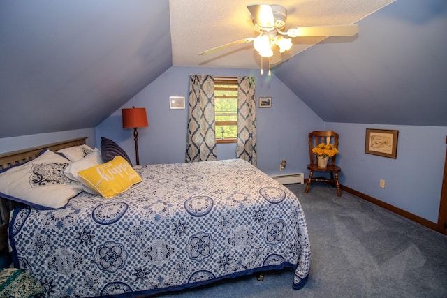 189 Stetson Rd E, Levant, ME 04456 - carpeted bedroom with a baseboard radiator, vaulted ceiling, a ceiling fan, and baseboards