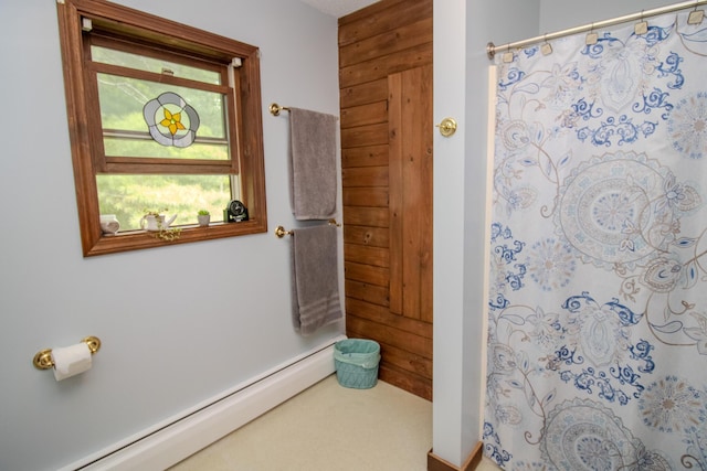 189 Stetson Rd E, Levant, ME 04456 - full bathroom with a baseboard heating unit and a shower with shower curtain