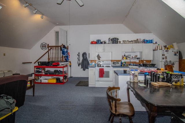 189 Stetson Rd E, Levant, ME 04456 - playroom with vaulted ceiling, carpet, and ceiling fan