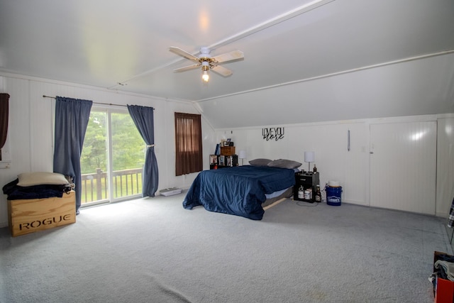 189 Stetson Rd E, Levant, ME 04456 - bedroom featuring access to exterior, carpet, lofted ceiling, and a ceiling fan