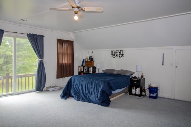 189 Stetson Rd E, Levant, ME 04456 - carpeted bedroom featuring vaulted ceiling, access to exterior, a decorative wall, and ceiling fan