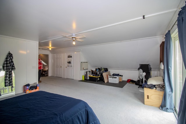 189 Stetson Rd E, Levant, ME 04456 - carpeted bedroom featuring ceiling fan and lofted ceiling
