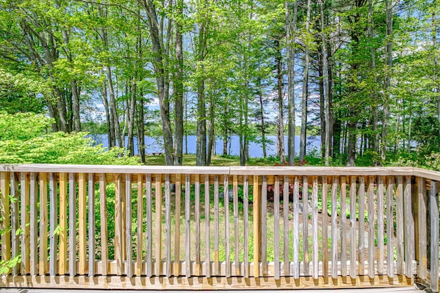 24 Cassella Dr, Jefferson, ME 04348 - deck with a water view and view of wooded area