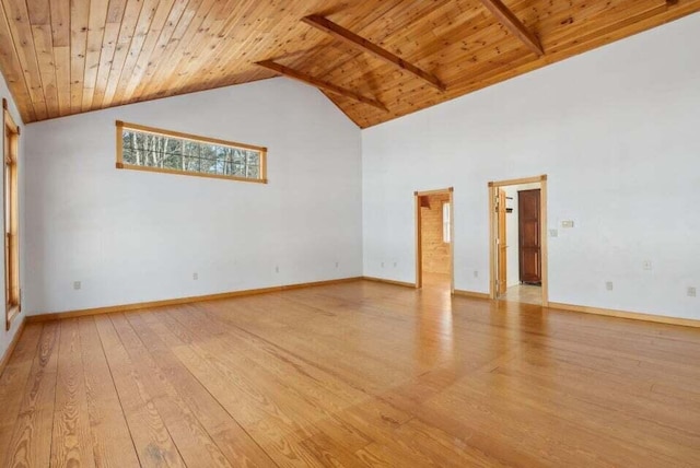 24 Cassella Dr, Jefferson, ME 04348 - spare room with wood ceiling with exposed beams, light wood finished floors, high vaulted ceiling, and baseboards