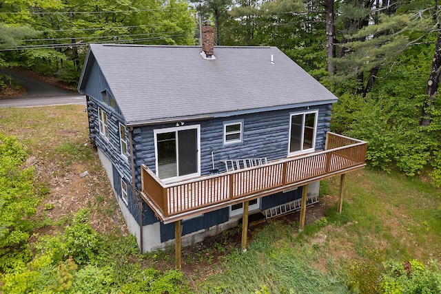 37 Boulder Dr, Auburn, ME 04210 - back of house with a wooden deck, a chimney, and log exterior
