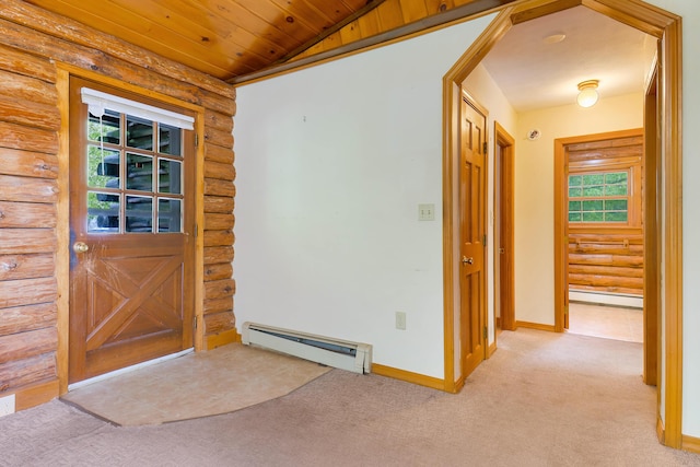 37 Boulder Dr, Auburn, ME 04210 - entryway with a baseboard heating unit, log walls, healthy amount of natural light, light colored carpet, and wooden ceiling