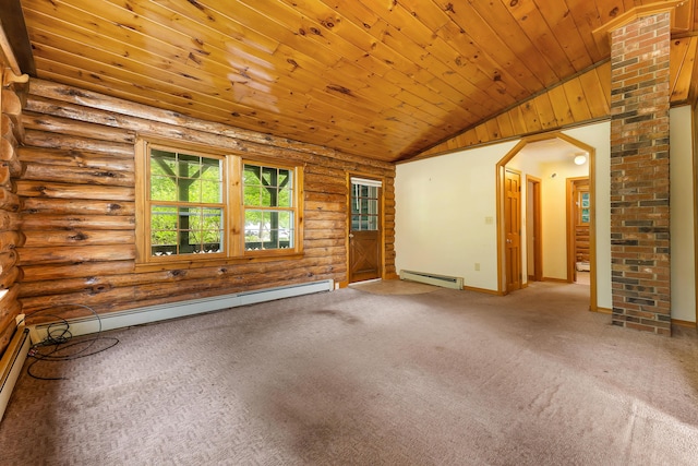 37 Boulder Dr, Auburn, ME 04210 - carpeted empty room featuring baseboard heating, lofted ceiling, rustic walls, and wooden ceiling