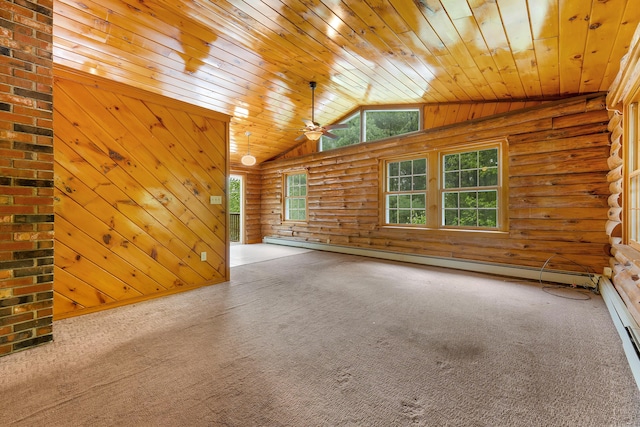 37 Boulder Dr, Auburn, ME 04210 - unfurnished living room featuring rustic walls, carpet flooring, wooden ceiling, a baseboard radiator, and vaulted ceiling