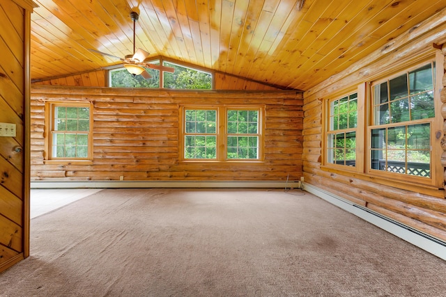 37 Boulder Dr, Auburn, ME 04210 - carpeted empty room featuring vaulted ceiling, baseboard heating, wood ceiling, ceiling fan, and rustic walls