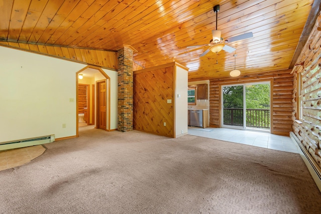 37 Boulder Dr, Auburn, ME 04210 - unfurnished living room with log walls, light colored carpet, wooden ceiling, ceiling fan, and arched walkways