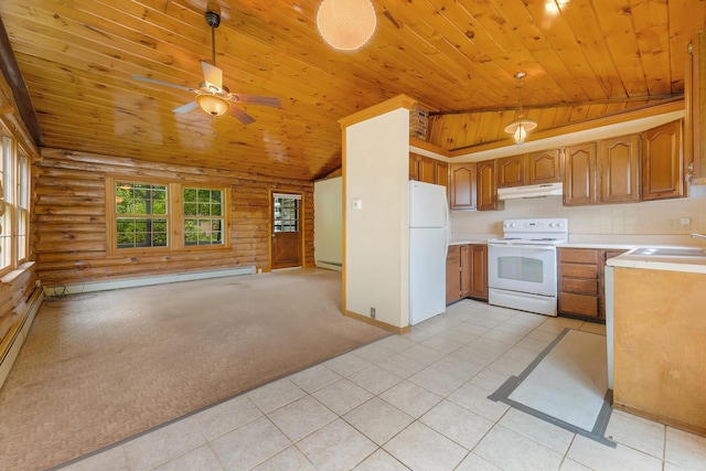 37 Boulder Dr, Auburn, ME 04210 - kitchen with white appliances, under cabinet range hood, log walls, wood ceiling, and lofted ceiling