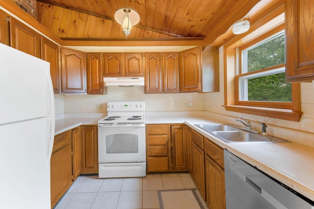 37 Boulder Dr, Auburn, ME 04210 - kitchen featuring white appliances, a sink, wooden ceiling, under cabinet range hood, and vaulted ceiling