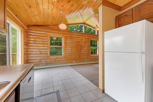 37 Boulder Dr, Auburn, ME 04210 - kitchen with white appliances, rustic walls, wooden ceiling, a baseboard radiator, and light tile patterned flooring