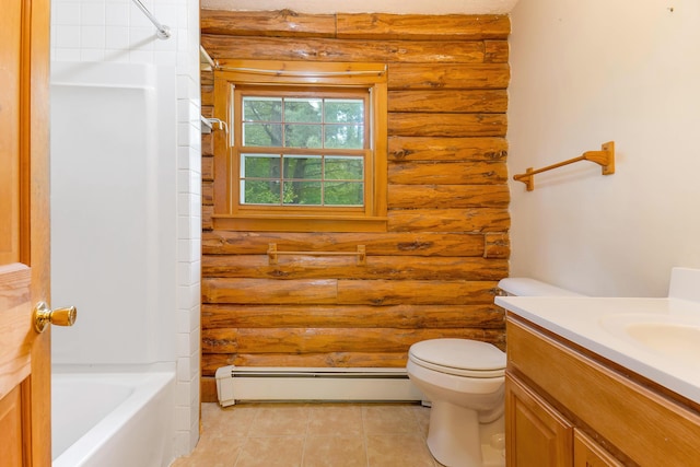 37 Boulder Dr, Auburn, ME 04210 - full bathroom featuring a baseboard radiator, log walls, vanity, tile patterned floors, and toilet