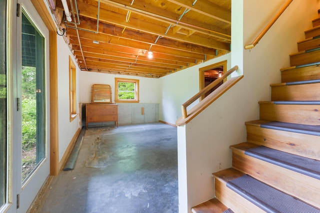 37 Boulder Dr, Auburn, ME 04210 - stairs featuring concrete flooring and wooden ceiling