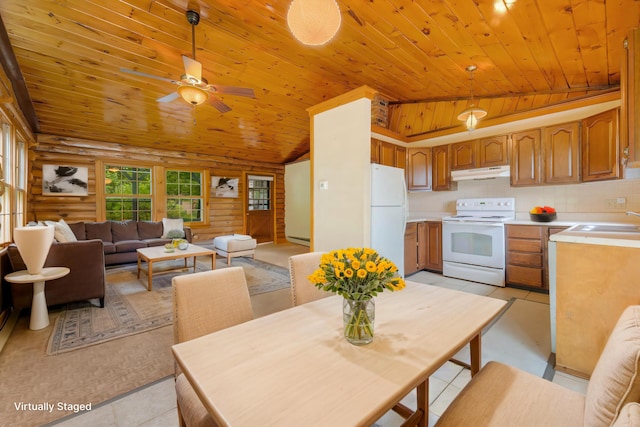 37 Boulder Dr, Auburn, ME 04210 - kitchen with white appliances, under cabinet range hood, wooden ceiling, vaulted ceiling, and light countertops