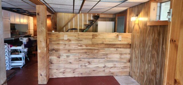 162 30th St, Shapleigh, ME 04076 - bar with wood walls, a drop ceiling, and stairway