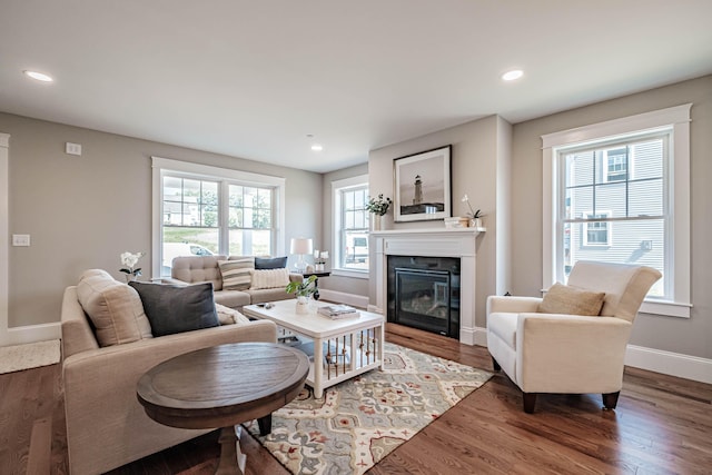 186 Falcon Crest Dr Unit 57, Gorham, ME 04038 - living room with a glass covered fireplace, wood finished floors, baseboards, and recessed lighting