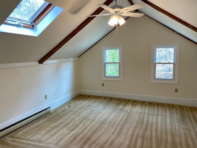 48 River Rd, Buxton, ME 04093 - bonus room with a baseboard radiator, a skylight, carpet floors, baseboards, and ceiling fan