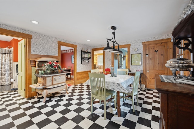 62 Blackswoods Rd, Franklin, ME 04634 - dining room with light flooring, wallpapered walls, wainscoting, recessed lighting, and wood walls