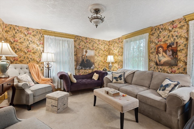 62 Blackswoods Rd, Franklin, ME 04634 - living area featuring wallpapered walls, carpet, and a textured ceiling