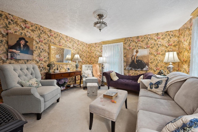 62 Blackswoods Rd, Franklin, ME 04634 - carpeted living room with wallpapered walls and a textured ceiling