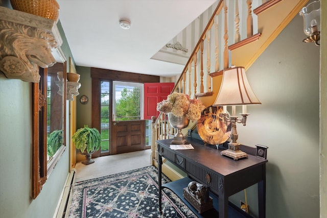 62 Blackswoods Rd, Franklin, ME 04634 - entryway featuring a baseboard radiator and stairs