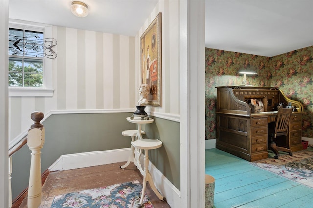 62 Blackswoods Rd, Franklin, ME 04634 - staircase featuring wallpapered walls and hardwood / wood-style flooring
