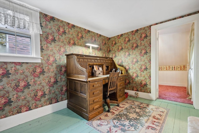 62 Blackswoods Rd, Franklin, ME 04634 - home office featuring light wood-type flooring, baseboards, and wallpapered walls