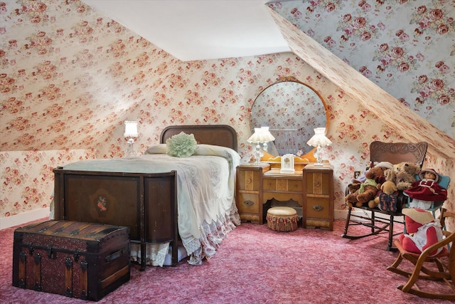 62 Blackswoods Rd, Franklin, ME 04634 - bedroom with wallpapered walls, carpet, and vaulted ceiling