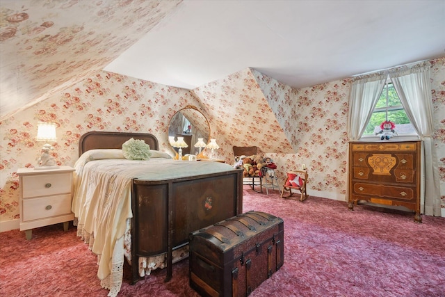 62 Blackswoods Rd, Franklin, ME 04634 - bedroom with wallpapered walls, carpet floors, baseboards, and lofted ceiling