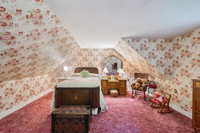 62 Blackswoods Rd, Franklin, ME 04634 - carpeted bedroom with wallpapered walls, lofted ceiling, and baseboards