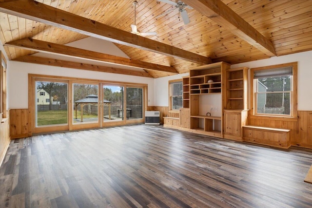 4 Buttonwood Rd, South Berwick, ME 03908 - unfurnished living room with a wainscoted wall, wooden ceiling, healthy amount of natural light, wood finished floors, and wood walls