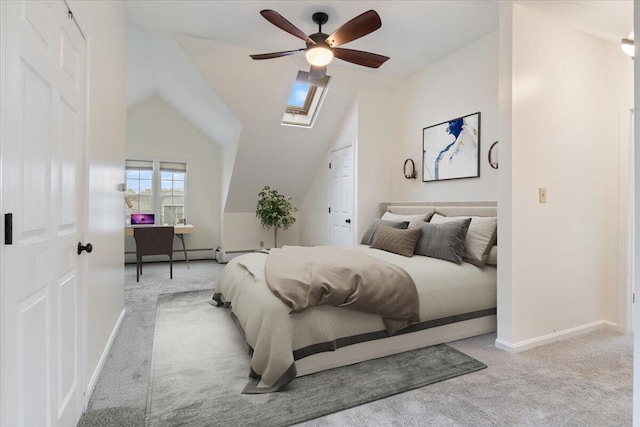 4 Buttonwood Rd, South Berwick, ME 03908 - bedroom with carpet, baseboards, a skylight, vaulted ceiling, and a ceiling fan