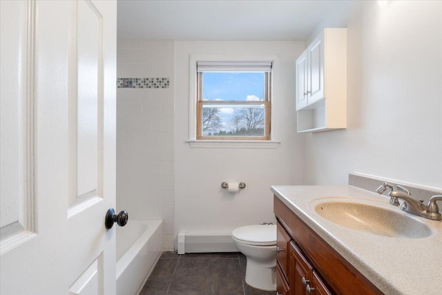 4 Buttonwood Rd, South Berwick, ME 03908 - bathroom featuring baseboard heating, vanity, toilet, tile patterned floors, and tub / shower combination