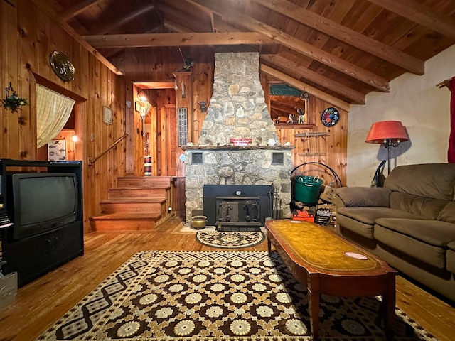 63 Naples Rd, Harrison, ME 04040 - living room featuring wood ceiling, wood finished floors, wooden walls, and stairway