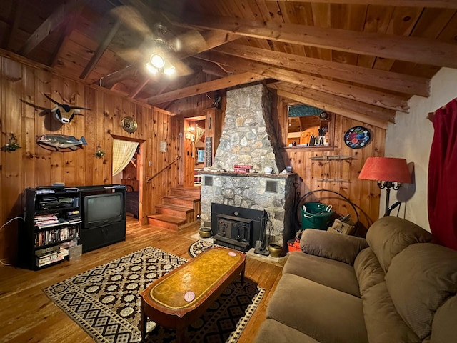 63 Naples Rd, Harrison, ME 04040 - living area featuring wooden ceiling, wooden walls, stairway, wood-type flooring, and ceiling fan