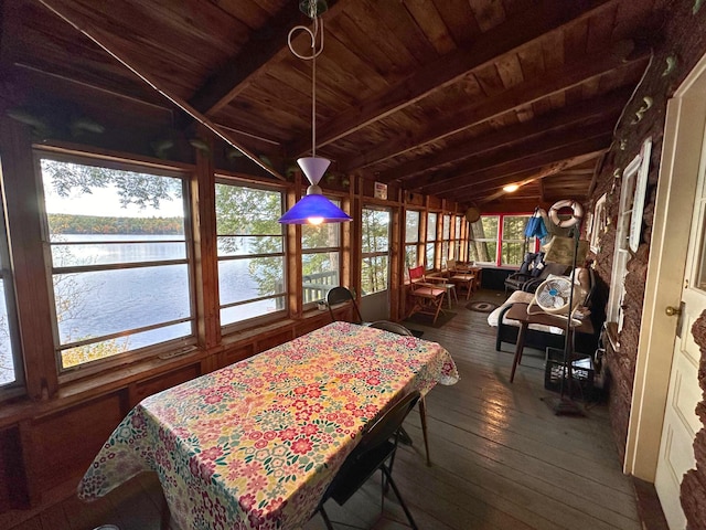 63 Naples Rd, Harrison, ME 04040 - sunroom with wooden ceiling, a water view, and hardwood / wood-style flooring
