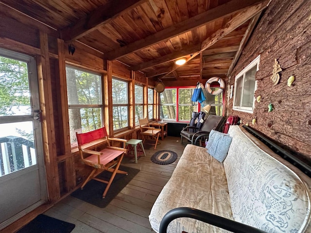 63 Naples Rd, Harrison, ME 04040 - sunroom / solarium featuring wood ceiling, plenty of natural light, hardwood / wood-style floors, and a wooden deck